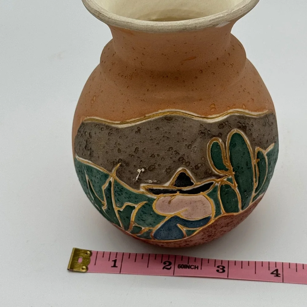 Vintage ACEVLOZA Mexican Pottery Vase Hand Painted Siesta Cactus Gold Trim 5x4